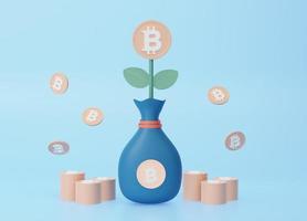 Bag money tree with bitcoin or Cryptocurrency on blue background business profit investment, finance strategy trade, savings, cartoon cute smooth. 3d render illustration photo