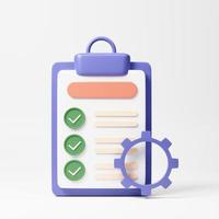Clipboard and gear icon. Project management, software development concept. Checklist with cog. 3d rendering illustration. photo