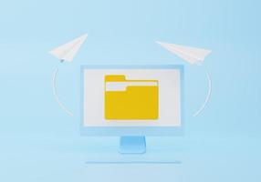 File transfer concept. Yellow folder with document on computer monitor. 3d rendering illustration. photo