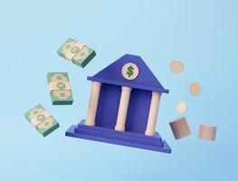 Online banking icon. money-saving, Bank, bundles of money and coins floating around on the blue background photo