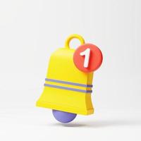 minimal Notification bell icon isolated on pastel white background. one new notification concept. Social Media Elements. 3d rendering photo