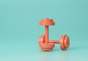 Fitness dumbbells pair. Two Red color rubber or plastic coated dumbbell weights on a Green background. Training workout equipment. Sports and exercises. Losing weight. 3d rendering illustration photo