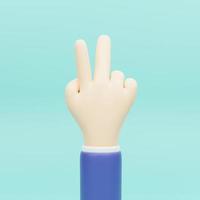 3d illustrations. Two fingers social icon. Cartoon character hand victory gesture. Business success clip art isolated on blue background. photo