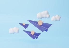 creativo visión liderazgo concepto. Tres azul papel avión y monedas con nubes mínimo dibujos animados linda liso. negocio Finanzas inversión. 3d representación ilustraciones foto