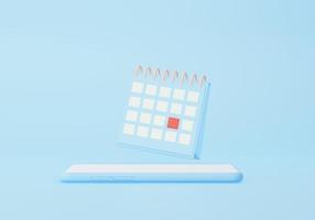 día mes año aplicación móvil concepto. calendario icono símbolo en teléfono inteligente mínimo dibujos animados estilo diseño en rosado antecedentes. sitio web bandera. 3d hacer ilustración foto