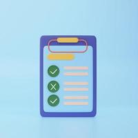 Clipboard with checklist, todo check list. Business, education, task management and productivity concept. 3d rendering icon. Cartoon minimal style. photo