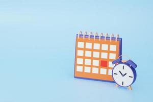 Calendar icon symbol and alarm clock minimal cartoon style design. Day month year time concept. on blue background. website banner. 3d rendering photo