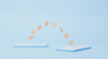 Money transfer on smartphones. Coins moving from one mobile phone to another. Sending and receiving money wirelessly, 3d render. Mobile wallets photo