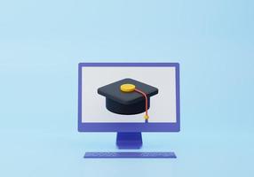 Computer monitor display and graduation cap. Online education, e-learning, online training, workshops and courses. 3d rendering icon. Cartoon minimal style. photo