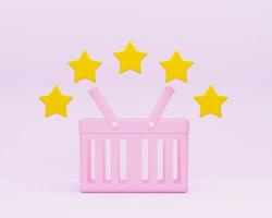 3D Shopping basket with five star rating for products. Good seller review. Customer rating feedback concept. Best grocery store and supermarket. Cartoon icon isolated on pinkbackground. 3D Rendering photo
