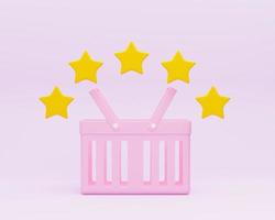 3D Shopping basket with five star rating for products. Good seller review. Customer rating feedback concept. Best grocery store and supermarket. Cartoon icon isolated on pinkbackground. 3D Rendering photo