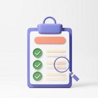 Successfully complete business assignments icon. Magnifying glass with a checklist on clipboard paper. 3d rendering illustration. photo