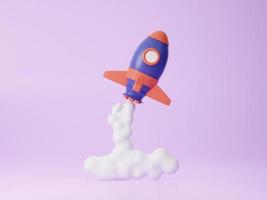 Launch of 3D Rocket with purple background, Spaceship icon, startup business concept. Illustration of 3d rendering photo