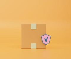 Cardboard box, delivery package, shipping box with shield. Transportation, safe delivery, delivery security and insurance, shipping concept. 3d rendering icon. Cartoon minimal style. photo