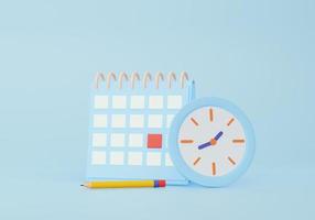 3D render Calendar icon symbol and clock pencil minimal cartoon style design. Day month year time appointment concept. on blue background. website banner. copy space. illustration photo