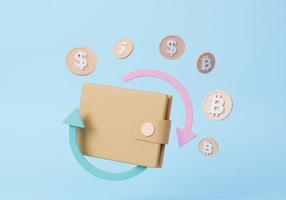 Electronic wallet icon with bitcion cryptocurrency and dollar or digital currency saving data business financial investment. trader concept. cartoon minimal. money refund. 3d rendering illustration photo
