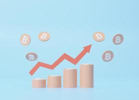 Red arrows and stacks of coins on a blue background. Financial success and the concept of growth. 3d create illustrations photo