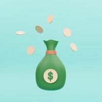 Money bag icon. Full Green money bag with dollar icon and Flying coins. 3d render photo