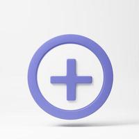 Add, plus, medical cross round button. 3d rendering icon. Cartoon minimal style. photo