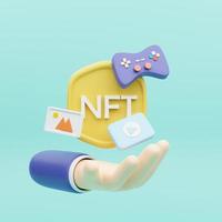 3D Hand with NFT non-fungible token with Types of NFT data of digital files, 3d nft icon symbol. 3d render illustration photo