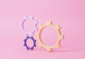 3D isometric three gears icon on pink background. engineering teamwork concept. minimal cartoon sytle. 3d render illustration photo