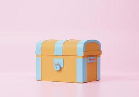 3D Chest golden icon on pink background. Open treasure box coffer concept. Cartoon minimal cute smooth. 3d rendering illustration photo