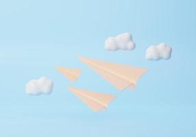 Three blue paper airplane with clouds Minimal cartoon cute smooth. creative vision leadership concept. 3d render illustration photo