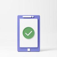 Smartphone with check sign. 3d rendering icon. Cartoon minimal style. photo