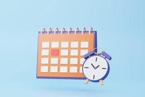 Calendar icon symbol and alarm clock at least cartoon style design. Day month year time concept. on blue background. website banners. 3d rendering photo