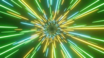 Abstract hyper-speed neon light background. Retro green, blue, and yellow neon hyper warp. Sci-fi speed of light in galaxy. Time travel hyper jump. 3d illustration. photo