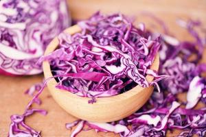 Cabbage purple - Shredded red cabbage slice in a wooden bowl top view photo