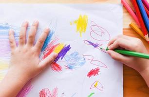 Girl painting on paper sheet with colour pencils on the wooden table at home - child kid doing drawing picture and colorful crayon photo