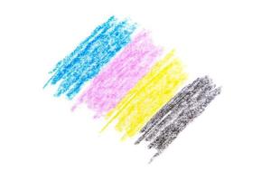 cmyk concept - crayon texture with cyan blue red magenta yellow and black drawings on white paper background photo