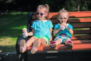Little sisters on a park bench photo