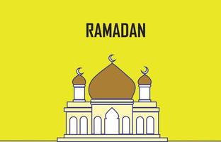 Ramadan Kareem greeting card with mosque on yellow background. Vector illustration