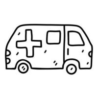 Ambulance in hand drawn doodle style. Vector illustration isolated on white background.