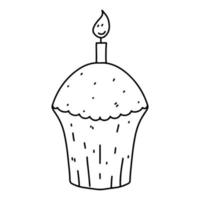 Sweet cupcake with birthday candle in hand drawn doodle style. Template for greeting card, postcard or adult coloring book. Cute food illustration. vector