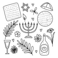 Happy Passover elements with Wine and Matzah in hand drawn doodle style. Jewish Holiday vector items set isolated on white background.