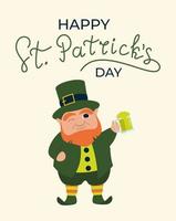 Happy St Patricks Day Postcard. Leprechaun With Pint Of Beer Vector Illustration In Flat Style