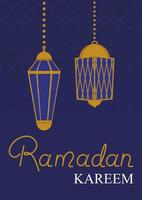 Ramadan Kareem Postcard With Congratulation. Lanterns And Sign Blue Background Vector Illustration