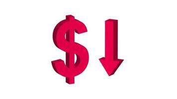 red dollar symbol and down arrow animation with falling currency, profit, investment, business, economy concept video