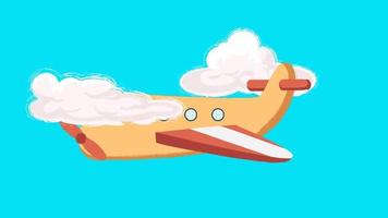 cute orange airplane flying with propeller in front over clouds in blue sky video