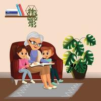 A grandmother reading a story to her grandchildren, cartoon scene vector