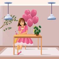 Girl celebrating her birthday, cartoon scene vector