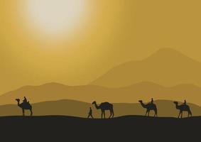 silueta de camellos en el Desierto con luz de sol, vector ilustración.