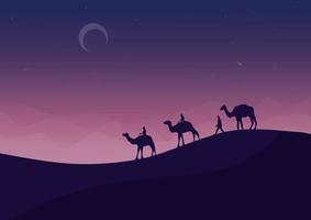 camels in the desert at night, vector illustration.