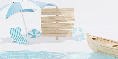 background Summer banner beach with wooden signboard sand seaside cool tones 3d illustration photo