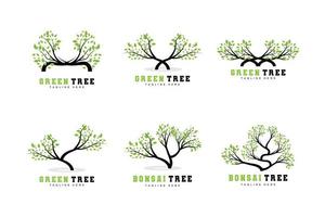 Green Tree Logo Design, Bonsai Tree Logo Illustration, Leaf And Wood Vector