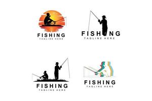 fishing logo icon vector, catch fish on the boat, outdoor sunset silhouette design vector