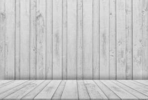 White wood display background, Wooden panel for indoor studio room. Backdrop background Empty Room Grey washed old wooden striped abstract texture in vintage style design for product presentation photo